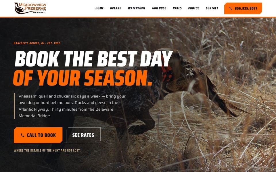 Meadowview Preserve website on a laptop: hero headline 'Book the best day of your season' with Call to Book and See Rates buttons